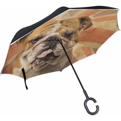 English Bulldog Painting Reverse Umbrellas Folding Double Layer Inverted C Hand Holder Stand Rain Windproof Umbrella For Women