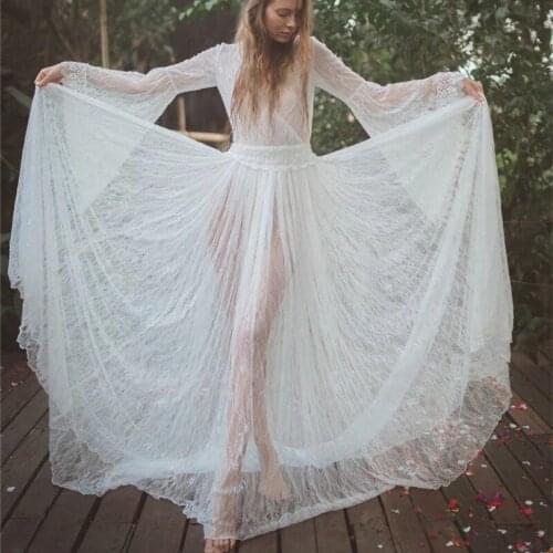 White Sexy Maternity Dresses For Photo Shoot Lace Fancy Pregnancy Dress Photography Props Flare Sleeve Pregnant Women Maxi Gown