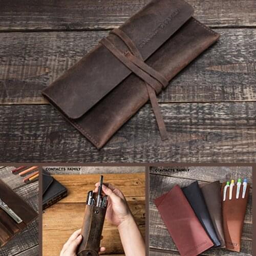 Handmade Genuine Leather Pen Bag Cowhide Zipper Pouch Pencil Case Vintage Square Stationery Storage Box School Gift