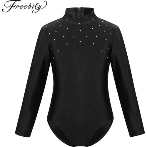 Kids Long Sleeves Shiny Rhinestone Gymnastics Leotard Figure Skating Dress Girls Ballet Dancewear Stage Performance Costume