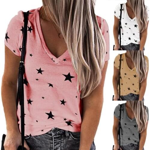 Fashion Women T-shirt Summer Casual Deep V Neck Short Sleeve Stars Print T-shirt Top Street wear Women Tops Dark Blue xxxl