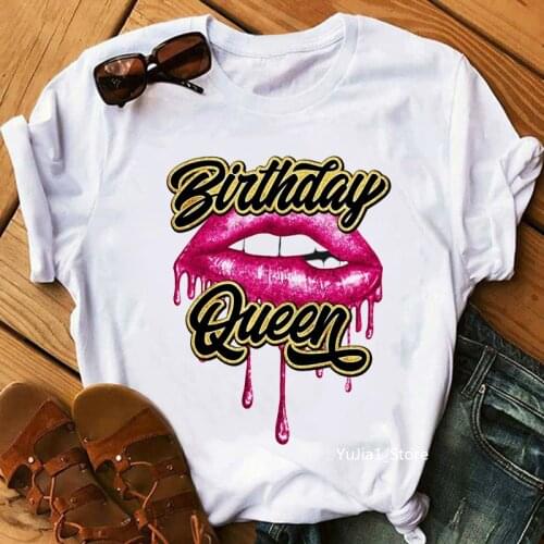 Birthday Squad/Queen Graphic Print WomenS T-Shirt Sexy Glitter Lips Tshirt Femme Summer Fashion Tops Tee Shirt Female Wholesale