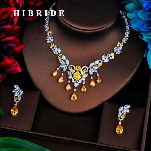HIBRIDE Classic Flower Pendents Yellow Cubic Zircon Women Dubai Bridal Jewelry Sets Wedding Necklace Accessories Bijoux N-525