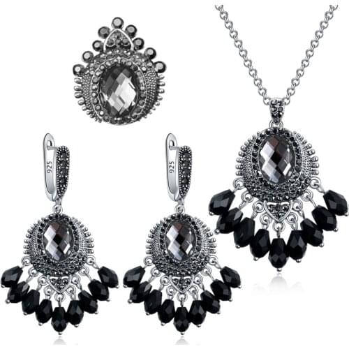 Ajojewel Vintage Grey/Dark Blue Crystal Crown Jewelry Sets For Women Antique Silver Plated Black Rhinestone Anniversary Jewelry