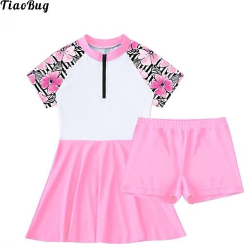 TiaoBug Summer Kid Girls 2Pcs Swimsuit Stand Collar Short Sleeves Front Zipper Swimming Dress With Shorts Bikini Pool Beach Suit