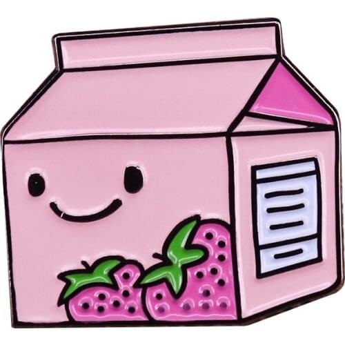 Tiny strawberry milk brooch pink with nutrition information cute sweet jean jacket backpack accessory