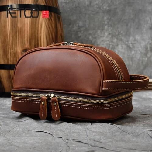 AETOO Vintage leather mens clutch, crazy horse leather travel toiletry bag, cowhide storage bag