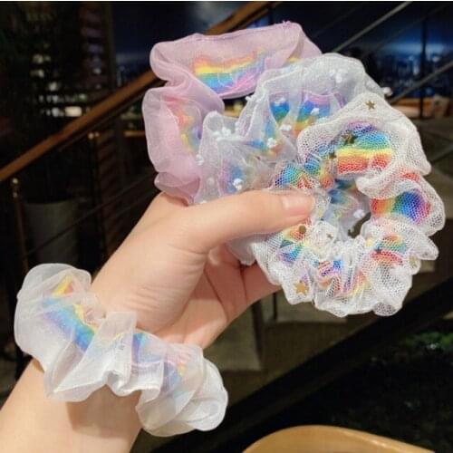 Net Yarn Tulle Rainbow Scrunchie Women Girls Elastic Hair Rubber Bands Accessories Tie Hair Ring Rope Ponytail Holder Headdress