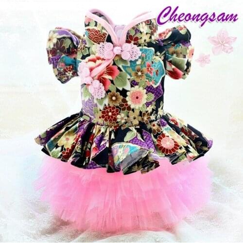 Free Shipping Handmade Dog Clothes Luxury Dress Blossoming Classic Butterfly Bright-Colored Pattern Pet Outfit Yorkie Poodle