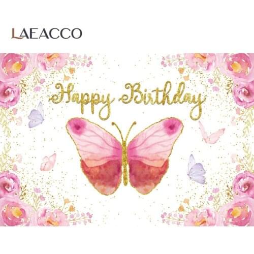 Pink Gold Backgrounds For Photography Happy Birthday Party Butterfly Golden Dots Flowers Banner Poster Kid Baby Photo Backdrops