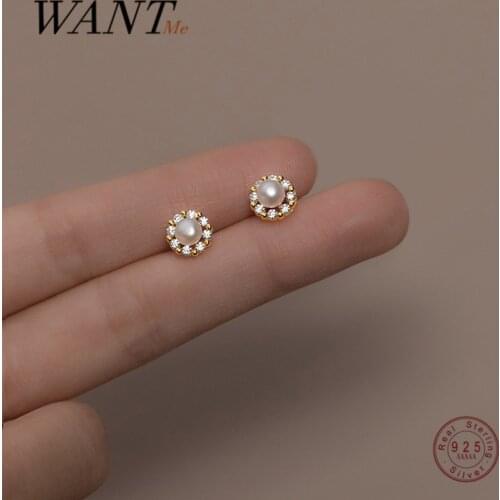 WANTME Real 925 Sterling Silver Charming Zircon Round Pearl Stud Earrings for Women Korean Chic Wedding Party Jewelry Trend 2021