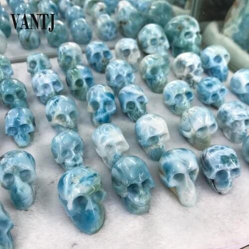 Skull Statue Natural Larimar Carved Decoration Healing Crystal Reiki Gem Figurine Spiritual Wicca Energy Supplies Gemstone