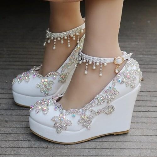 Crystal Queen Rhinestone Wedge Pumps Shoes Women Sweet Luxury Platform Wedges Shoes Wedding Party Ankle Strap High Heels