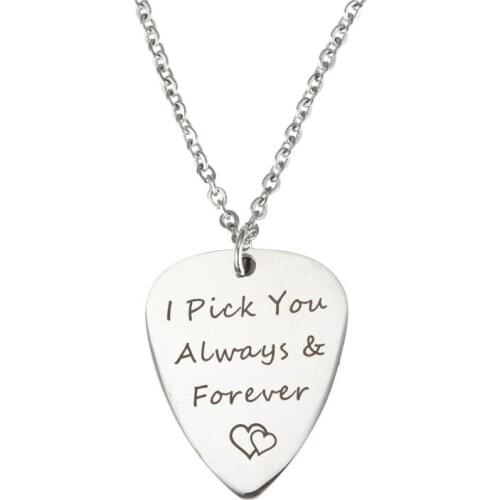Inspirational Lettering Necklace I Pick you always & Forever Stainless Steel Simple Guitar Pick Necklace Fashion Jewelry