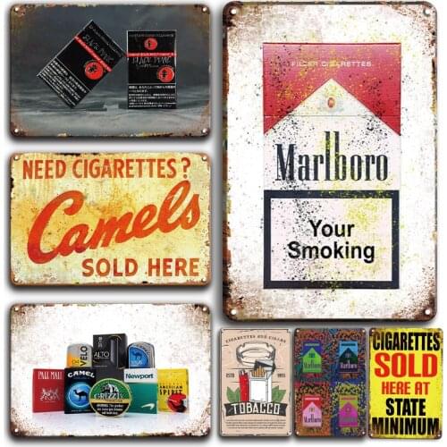Vintage Cigarettes Sold Here Metal Plaque Sign Smoke Shop Wall Decor Retro Cigarette Brands Tin Poster Signs Fashion Plates