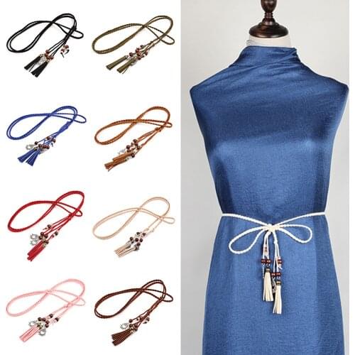 Vintage Braided Waist Rope Tassel Tie Strap Dress Waist Chain Vintage Harajuke Knit Belt Casual Blouse Thin Waistband Black Red