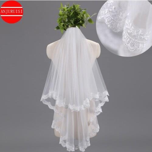 ANJURUISI Two Layer Short Bridal Velo White Tulle Wedding Veil With Metal Comb Lace Edge Wedding Accessories velos de novia