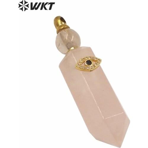 WT-P1603 NEW Charm eye hexagona spirit point rose quartz stone perfume bottle women fashion gold turky eye charm perfume pendant