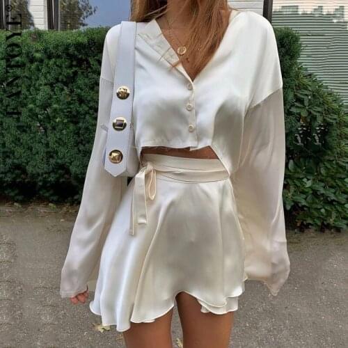 Fantoye Casual Satin Two Piece Dress Set For Women White O-neck Button Top Bandage Mini Pencil Skirts Outfits Fashion Party Suit