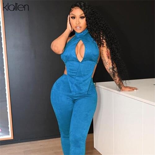 KLALIEN Summer 2021 New Fashion Bandage Backless Top and Trousers Two Piece Set Women Simple Solid Slim Elastic Female Suit