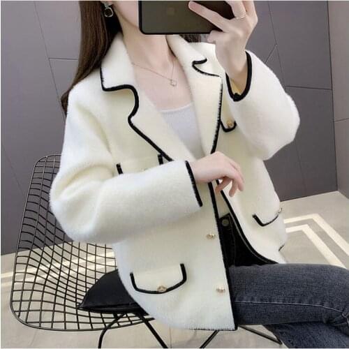2021 Autumn Winter Women Imitation Mink Velvet Cardigan Lady Single Breasted Sweater Female Solid Long Sleeve Knit Cardigan N362