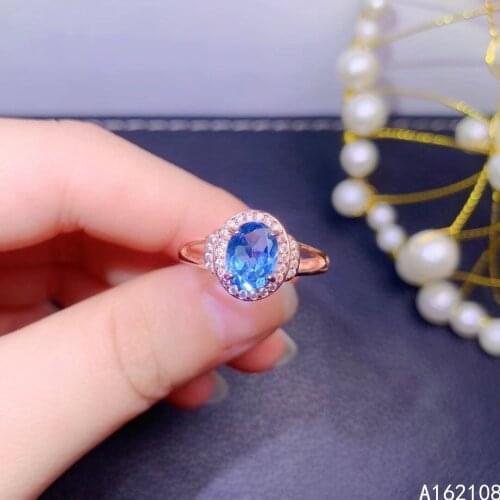 Fine Jewelry 925 Sterling Silver Inset With Natural Gemstone Women Classic Lovely Oval Blue Topaz Adjustable Ring Support Detect