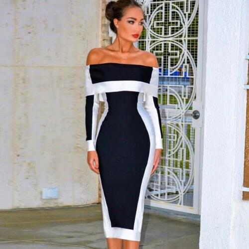 Hot Sale Off Shoulder Colorblock Midi Women Dress Vestidos Long Sleeve Back Slit Bardot Elegant Black Femme Dress