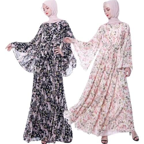 Muslim Women Floral Print Dress Maxi Abaya Kaftan Chiffon Casual Loose Cocktail Prayer Long Robe Islamic Ramadan Ladies Dresses