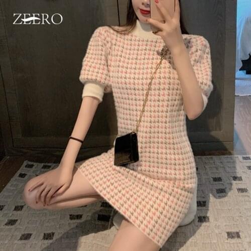 Spring Autumn Female Soft Fluff Sweet Pink Plaid Lantern Short Sleeve Knitting Dresses Women Stand-up Collar A-Line Mini Dress