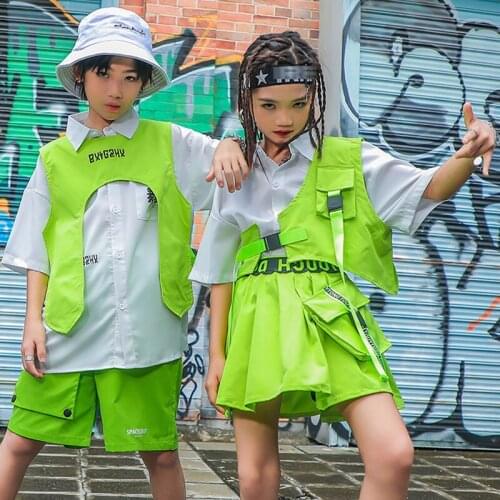 Childrens Hip Hop Street Dance Performance Clothes Girls Boys Green Outfits Vest Jazz Dancing Stage Costume Rave Clothes BL6772