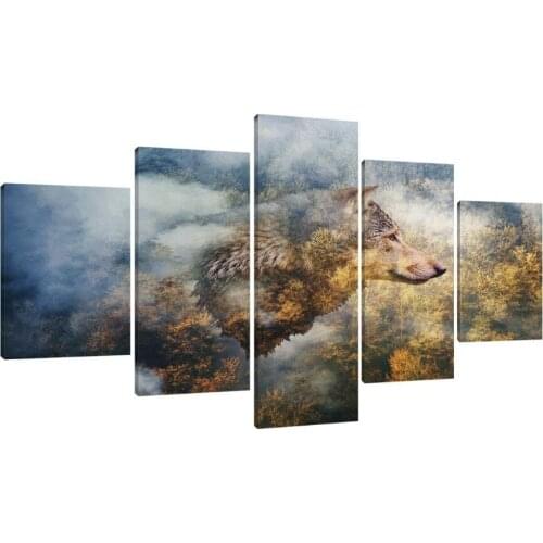 5 Panel HD Printing Modular Picture Cintage Animal Wolf Pop Gable Art Painting In Living Room Canvas Home Decor