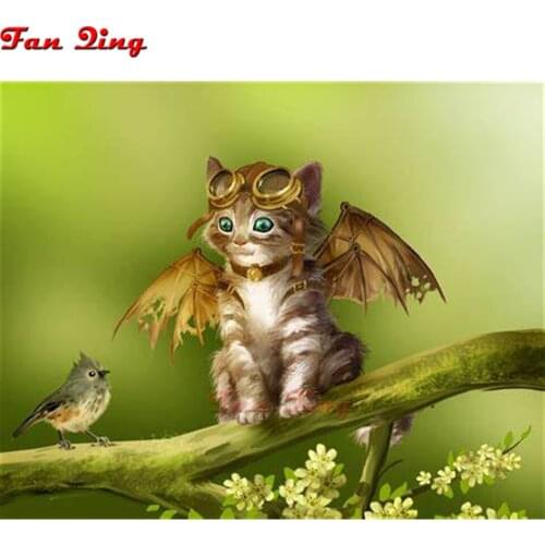 DIY 5D Full Diamond Painting Cross Stitch cartoon cat and birds Diamond Embroidery Needlework Patterns Rhinestone kits