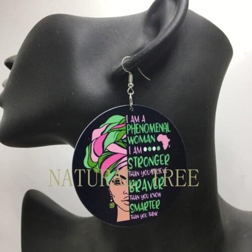 Free Shipping!Round Phenomenal Woman Wooden Earrings