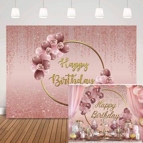 Glitter Happy Birthday Backdrop Pink Shiny Rose Birthday Background for Girls Balloons Gold Ring Women Birthday Backdrops