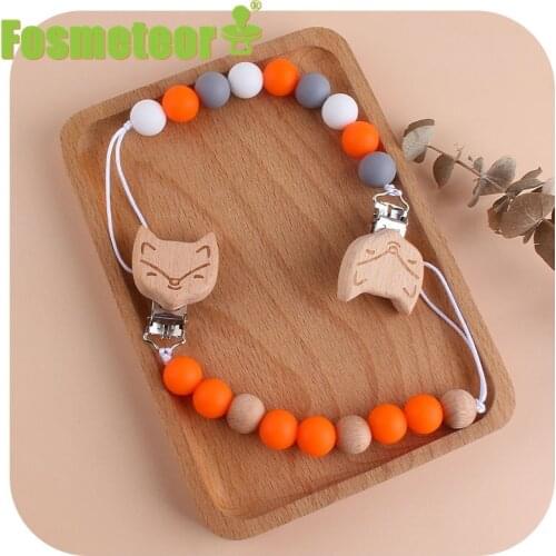 Fosmeteor Customized Baby Name Wooden Fox Wooden Pacifier Clips Chain Newborn Boy Girl Dummy Clips Nursing Pacifier Chain