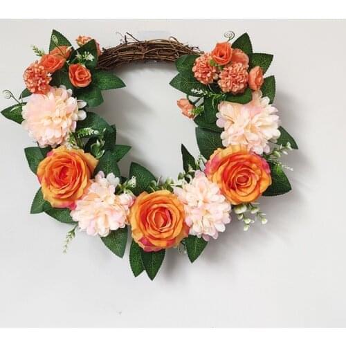 Artificial Orange Roses And Chrysanthemum Flowers Wreath Autumn Garland For Farmhouse Decoration Home Decor
