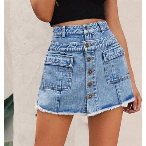 Casual Pocket Button A Line Denim Skirt Fashion Single Breasted Slim Loose Worn Women Skirt Retro Tassel High Waist Shorts Skirt