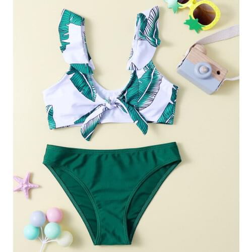 Leaf Print Girl Swimwear Swimsuit Kids Ruffle Girl Bikini Set Teenage Two Piece Childrens Swimwear Bow Tie Girls Bathing Suit