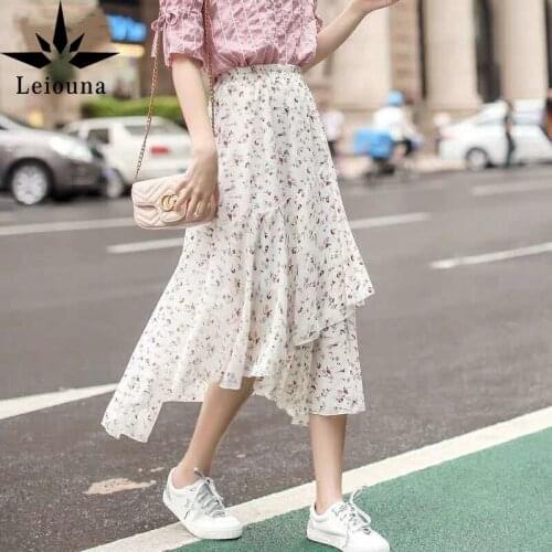 Leiouna Asymmetrical Ruffled High Waist Women Skirt Spring Chiffon Thin Floral Print Skirt Beach Skirt Party Midi Pleated
