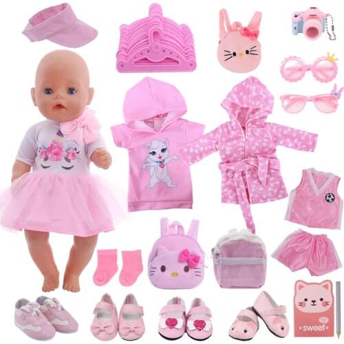 Cute Doll Clothes Shoes Pink Kitty Cat Pajamas Bag Hangers Glasses Handmade Accessories Fit 43cm Baby Born&18 Inch American Doll