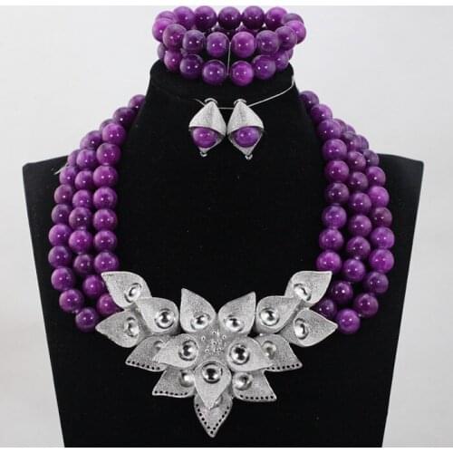 Trendy Chunky Fashion Vintage Women Wedding Necklace Set Purple Crystal Beads Jewelry Sets Multilayer Bohemian Statement ABH289