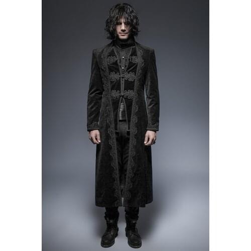 Punk Motorcycle Mens Coat Long Black Velvet Gothic Steampunk Horseman Jacket Y651 S-XXXL