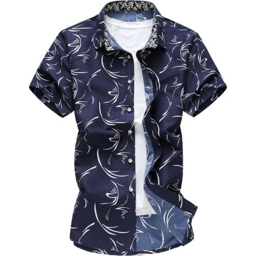 Mens Navy White Lapel Printing Half-Sleeved Short-Sleeved T-shirt Korean Style Slim Fit Casual Shirt For Men T-Shirt Clothing