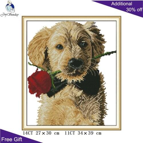 Joy Sunday Dog And Rose Needlework DA223 14CT 11CT Stamped and Counted Home Decoration Dog And Rose Embroidery Cross Stitch Kits
