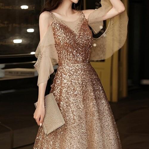 Luxury Bridesmaid Dresses Champagne Gold 3/4 Cap Sleeve Beaded Floor-Length A-Line Wedding Guests Formal Party Evening Prom Gown