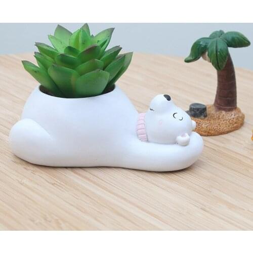 Cute Small Animal White Bear Figurine Resin Flowerpot Creative Flower Planter Pot for Garden Home Room Decoration