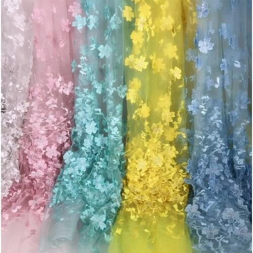 Light blue pink 3D lace embroidered flower cloth high-level wedding live shooting background clothing dress fabric