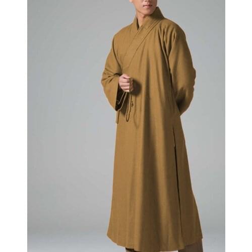 Unisex warm wool buddhist lay meditation robe zen monk suits martial arts uniforms taoist coat yellow Autumn&Winter