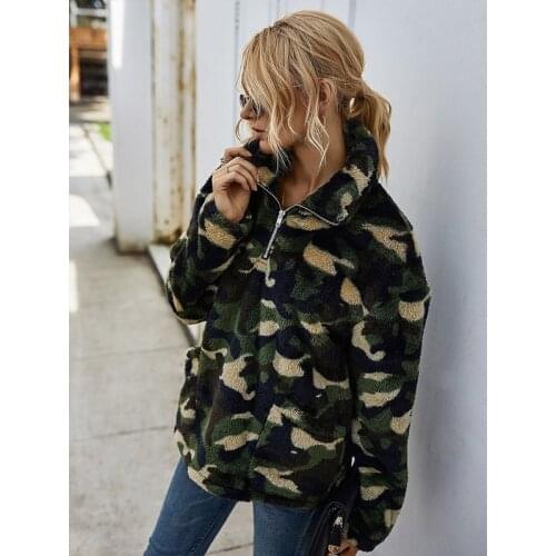 Women Winter Half Zip Turtleneck Sweatshirt Camouflage Fluffy Plush Pullover Top
