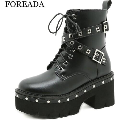 FOREADA Woman Goth Style Motorcycle Boots Platform Thick Heel Shoes High Heel Round Toe Zipper Ladies Ankle Boots Punk Autumn 43